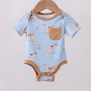 Baby Blue Puppy Print One-Piece Bamboo with Tan Trim